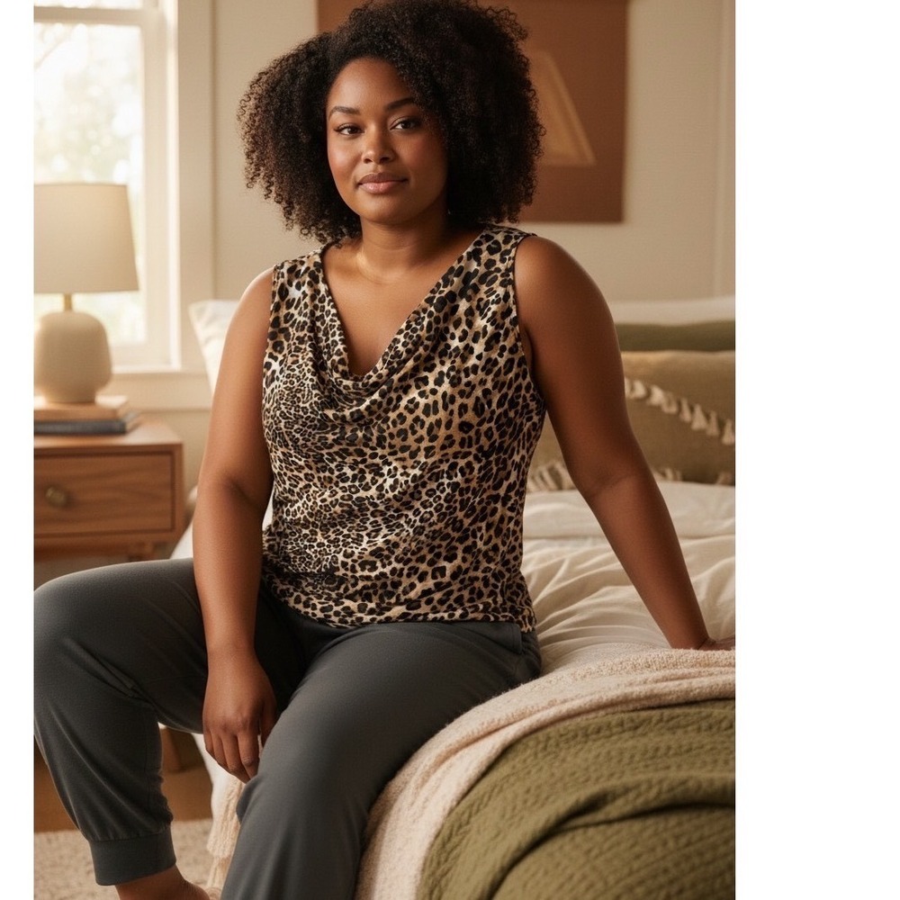 CAROL ROSE Leopard Print Sleeveless Cowl Neck Blouse Tank Top-Career Casual